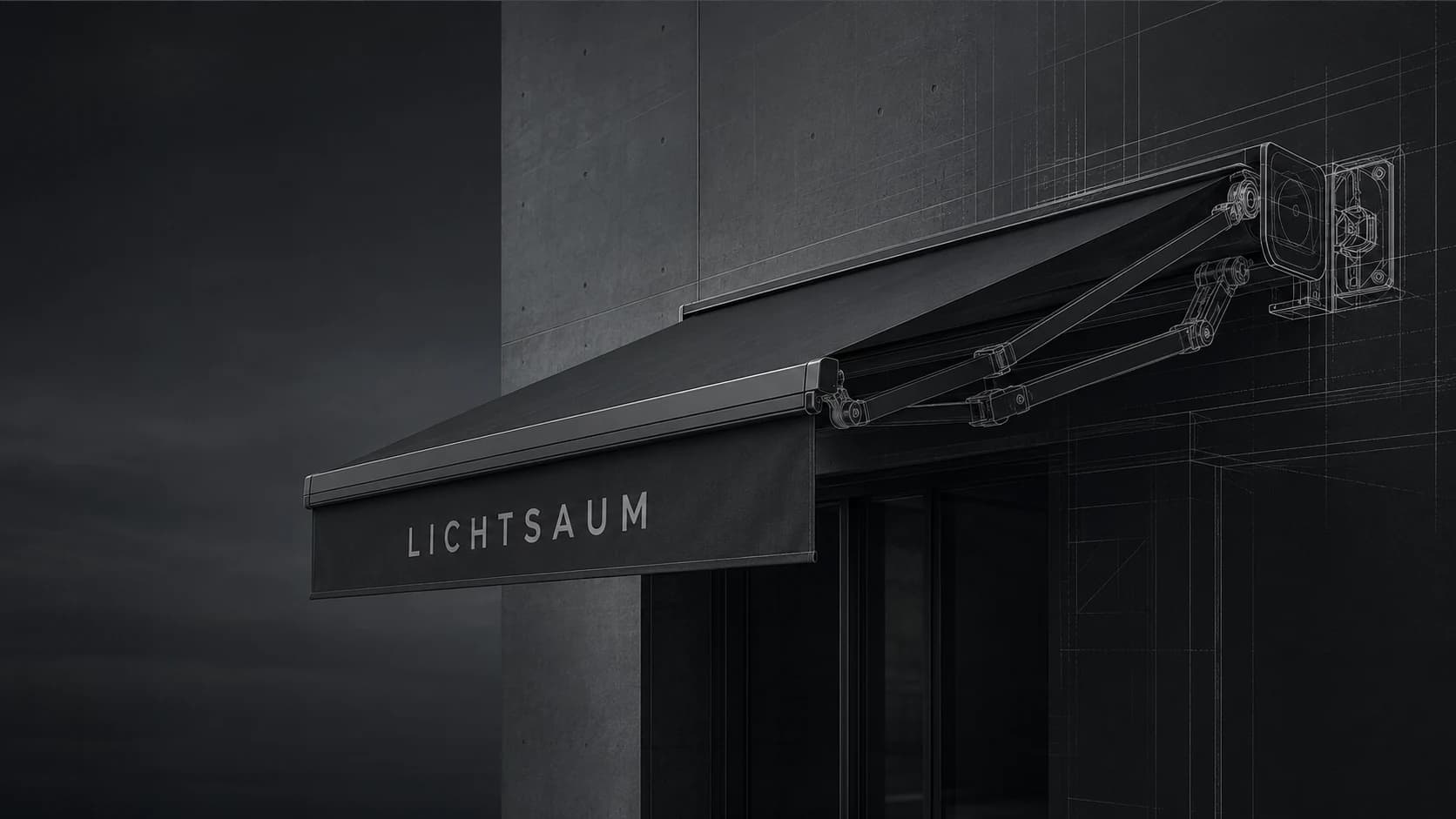 Konzeptvisualisierung einer dunklen Gewerbemarkise an einer modernen Fassade, die rechts in eine technische Linienzeichnung übergeht; beim Scrollen wechselt der Schriftzug LICHTSAUM von unbeleuchtet zu warm leuchtend.