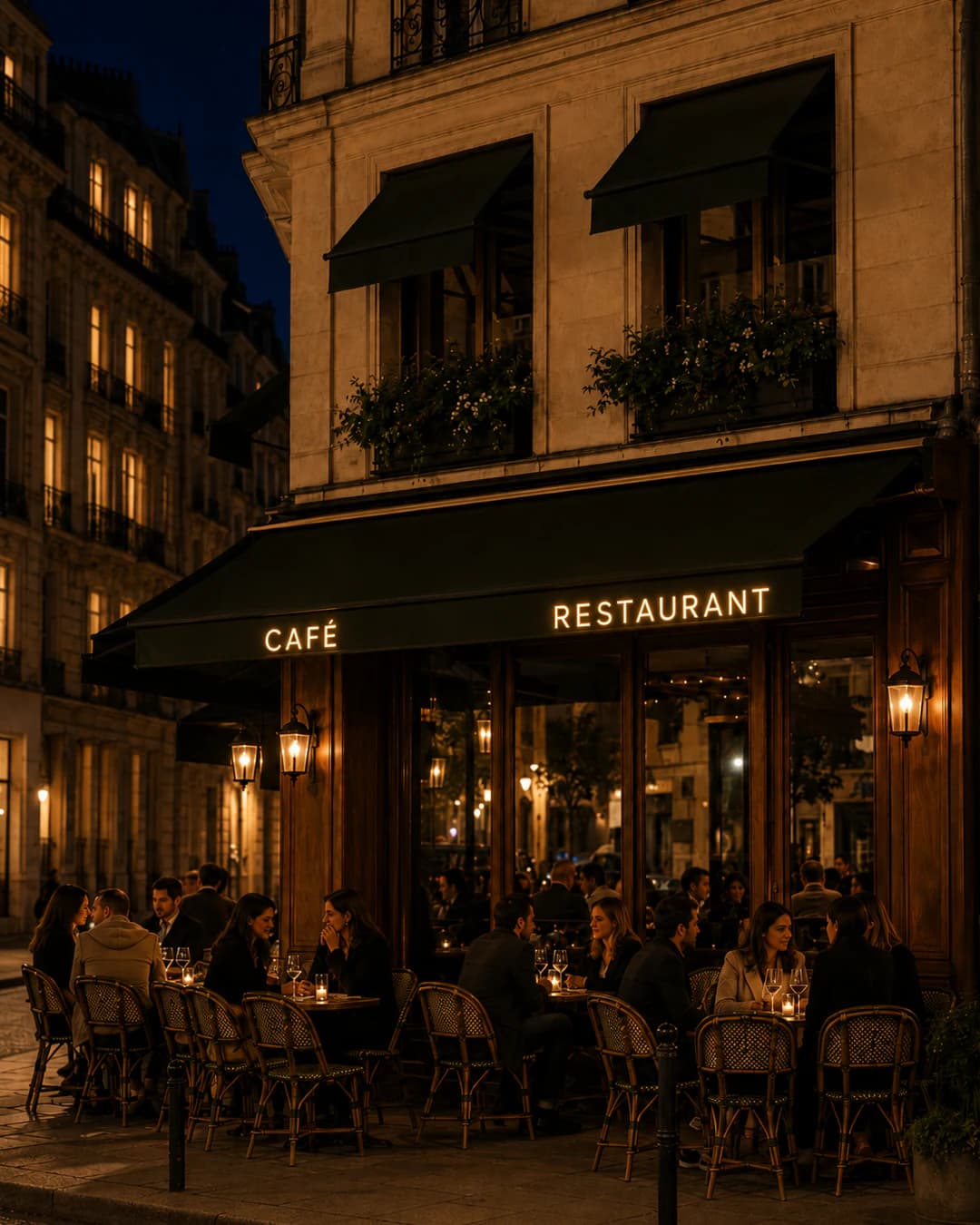 Konzeptvisualisierung einer Café-Restaurant-Fassade bei Nacht mit besetzter Terrasse; die Aufschrift „CAFÉ RESTAURANT“ am dunklen Volant leuchtet warmweiß.